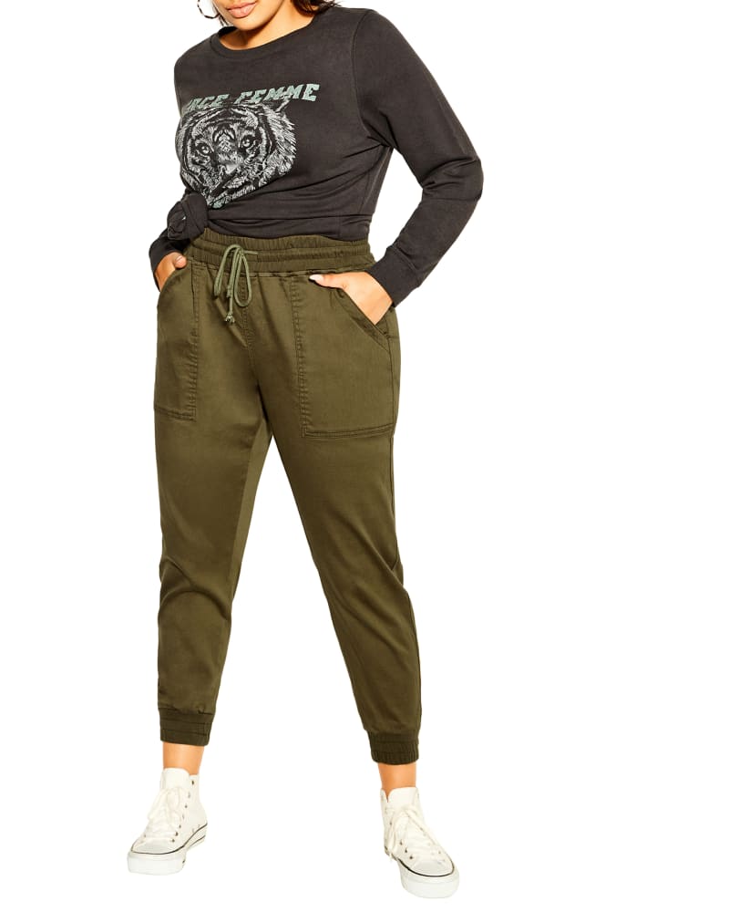 Front of a model wearing a size 14 Evie Cargo Jogger in Olive Green by Societie+. | dia_product_style_image_id:228594